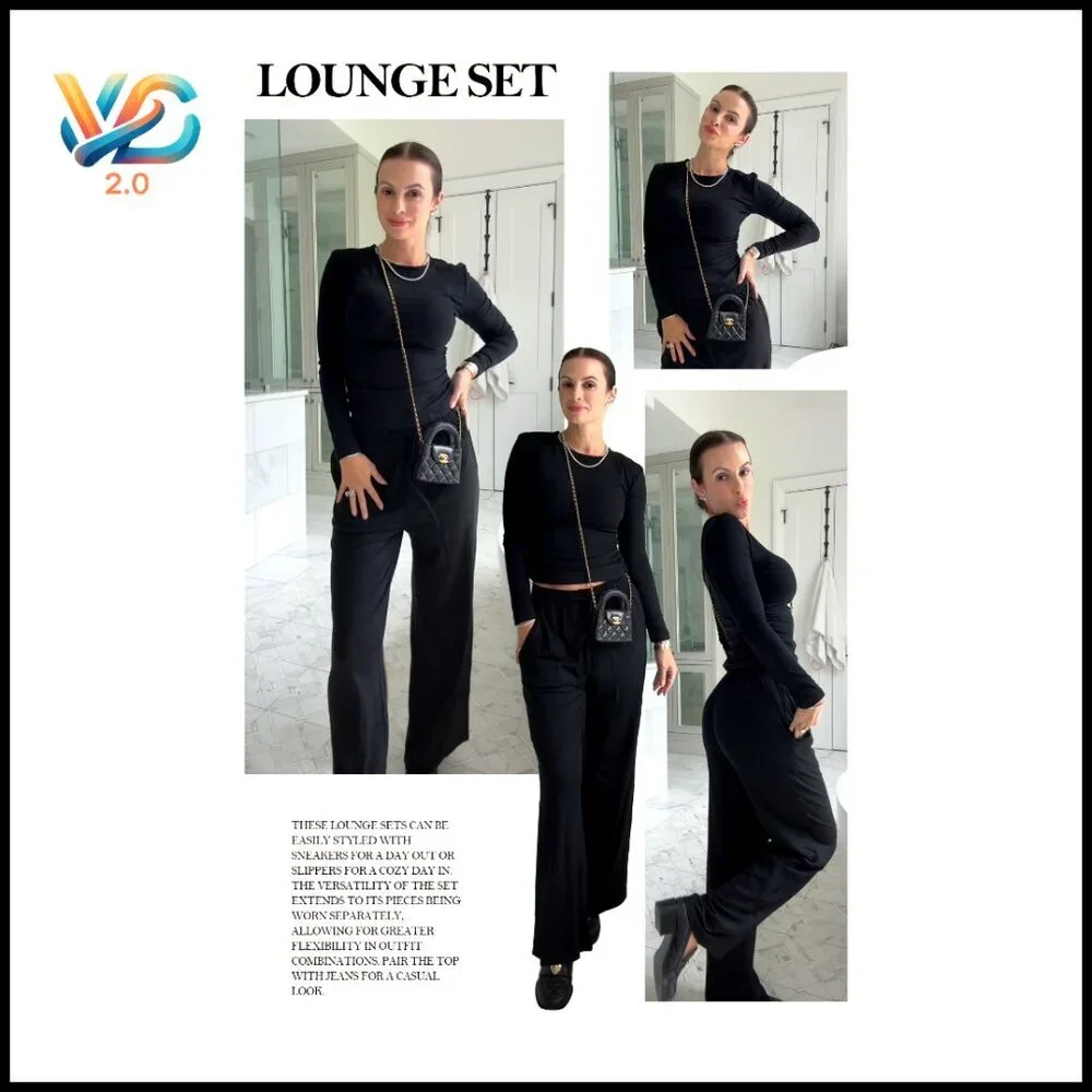 Long Sleeve Wide Leg Lounge Set Two Piece Tracksuit Casual Comfort Travel Outfit